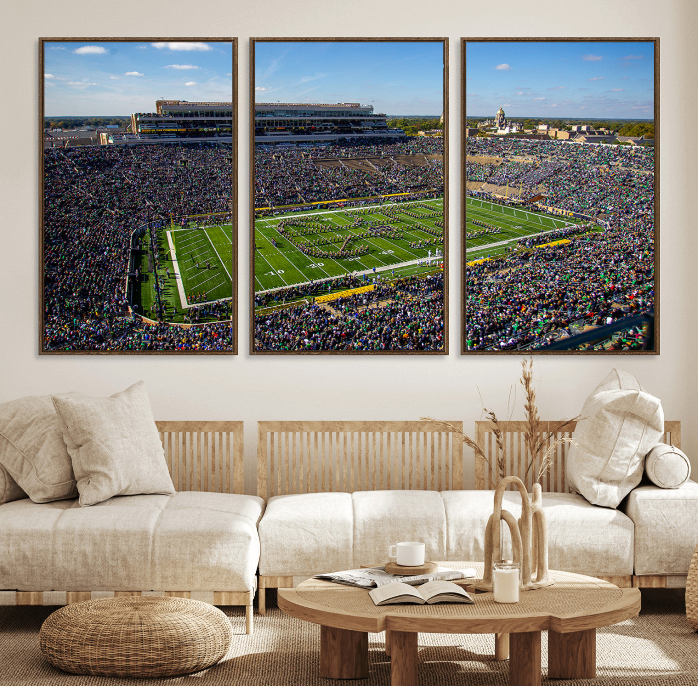 50114-MGV-FC-60X30-3P_Walnut-Notre Dame Fighting Irish Football Team Print - Notre Dame Stadium Wall Art Canvas Print