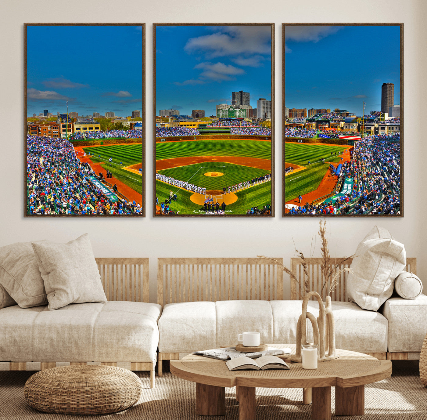44149-MGV-FC-60X30-3P_Walnut-Wrigley Field Chicago Cubs Canvas Wall Art - Iconic Baseball Stadium Print for Sports Lovers - Ready