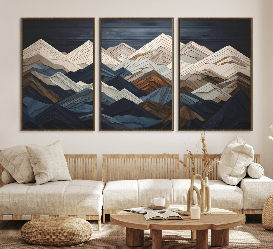 Wood Mountain Range Wall Art - Ready to Hang 3-Piece Set for Modern Rustic Decor, Abstract Wooden Design for Living Rooms Offices