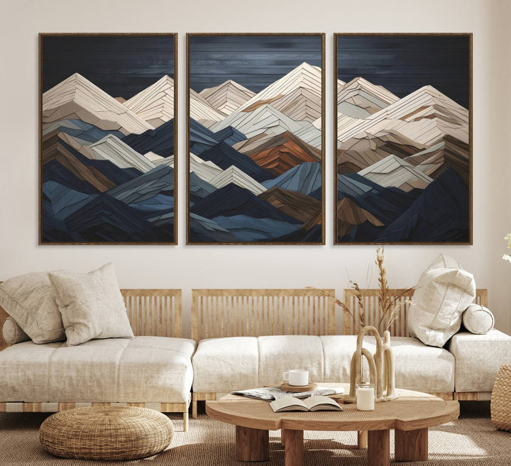 Wood Mountain Range Wall Art - Ready to Hang 3-Piece Set for Modern Rustic Decor, Abstract Wooden Design for Living Rooms Offices