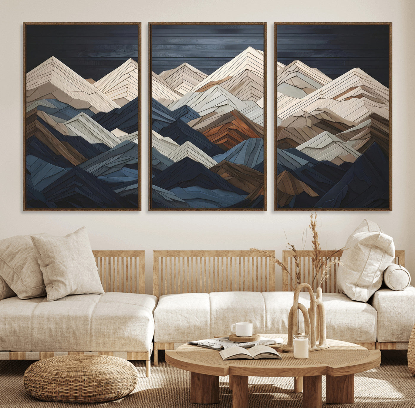 12896-MGV-FC-60X30-3P_Walnut-Mountain Wall Art – Modern Abstract Landscape Canvas Print with Layered Peaks, Contemporary Nature Decor for Living Room or Office