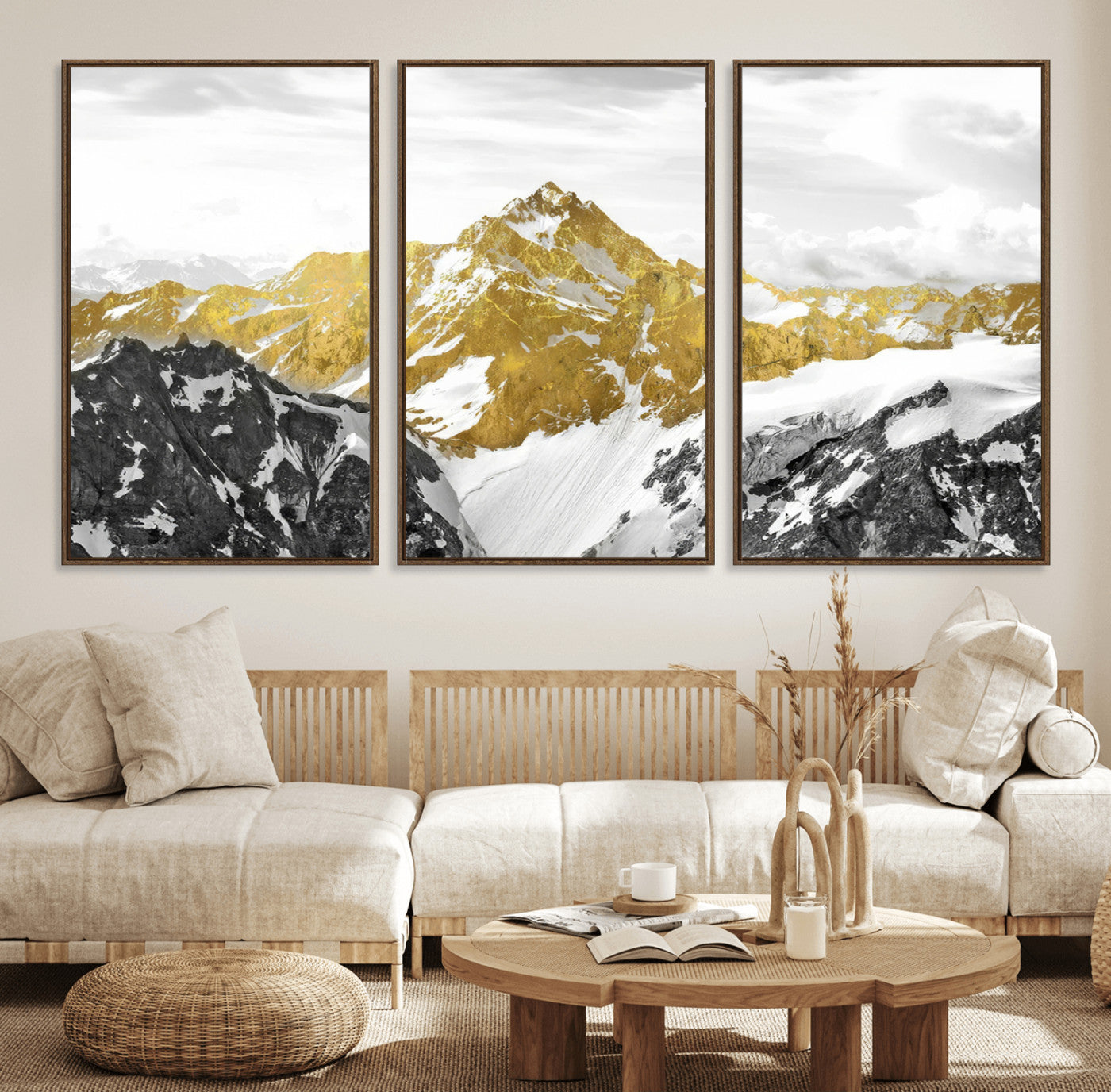 32102-MGV-FC-60X30-3P_Walnut-Gold Abstract Mountains Wall Art Print on Canvas, Nature Wall Art Print,