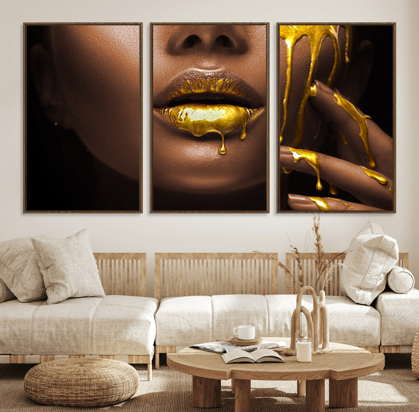 35346-MGV-FC-60X30-3P_Walnut-African American Art Black Woman Canvas Print, African Wall Art, Fashion African Woman Gold Lips