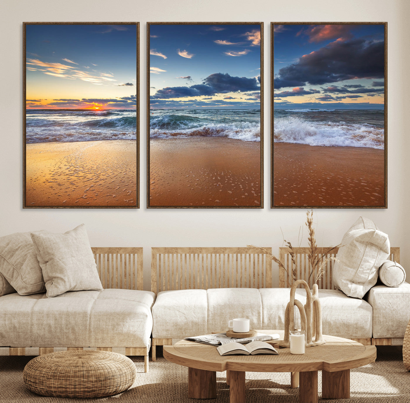 MGV-FC-60X30-3P - Beach Canvas Wall Art - Coastal Seascape Print for Living Room or Bedroom, Ocean Waves on Sand,