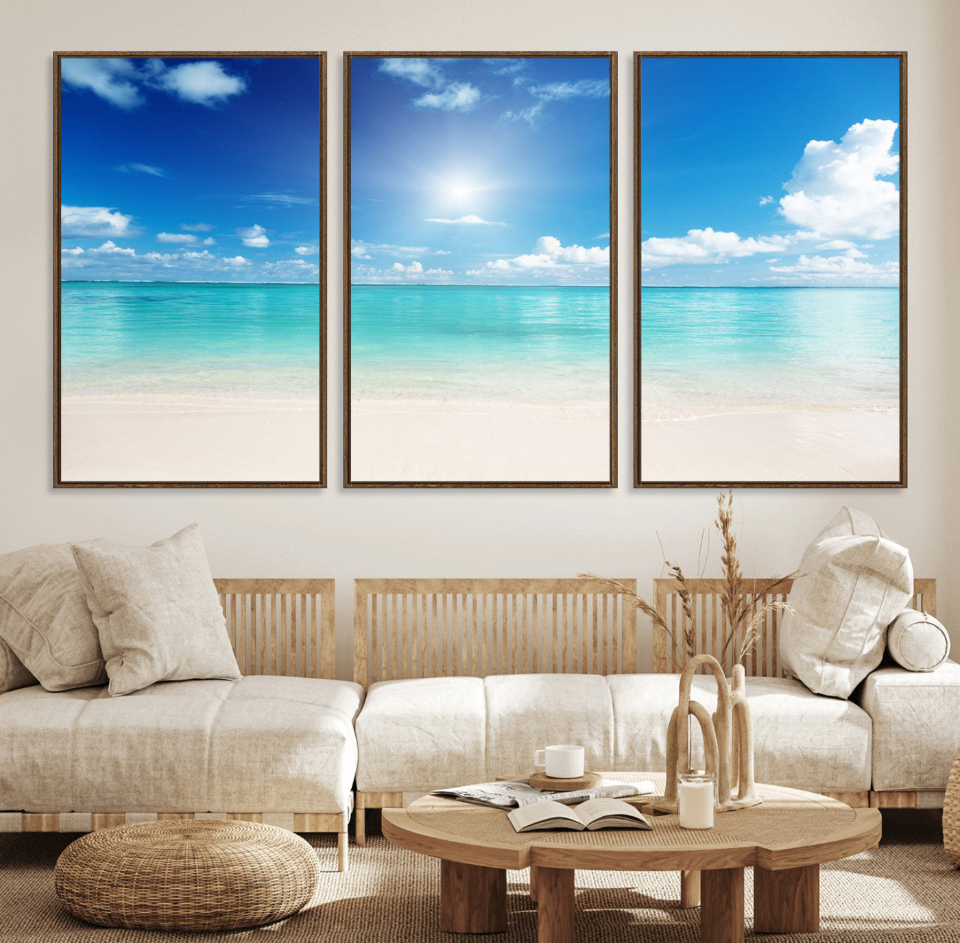43179-MGV-FC-60X30-3P_Walnut-Blue Ocean Wall Art Canvas Print - Tranquil Ocean Paradise Triptych Wall Art - Ready to Hang Beach