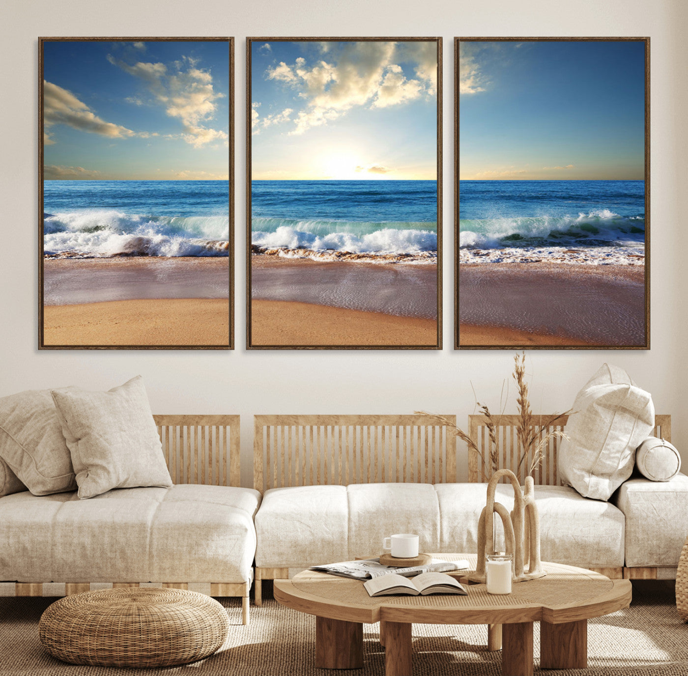36512-MGV-FC-60X30-3P_Walnut-Serene Ocean Sunset Canvas Wall Art - Beach Waves at Sunset, Ready to Hang
