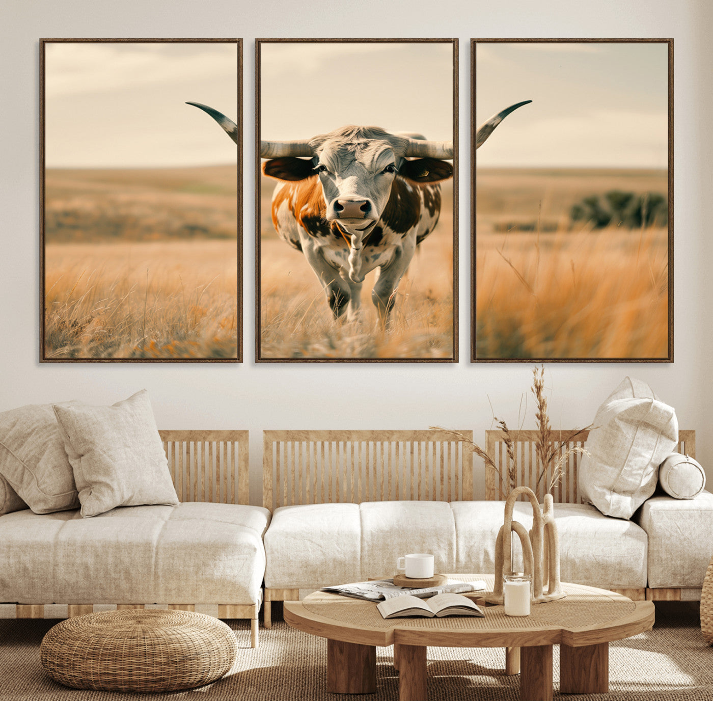 16580-MGV-FC-60X30-3P_Walnut-Texas Cow Longhorn Wall Art Canvas Print for Farm House Wall Decor, Farmhouse Cow Print Canvas Wall
