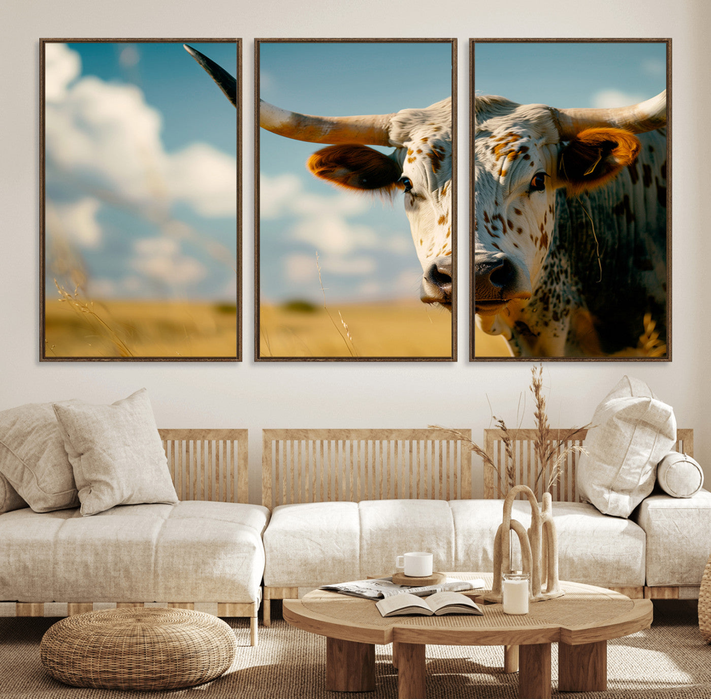 MGV-FC-60X30-3P - Longhorn in the Prairie - Stunning Ranch-Style Triptych Wall Art for Western Home Decor, Cowboy Wall