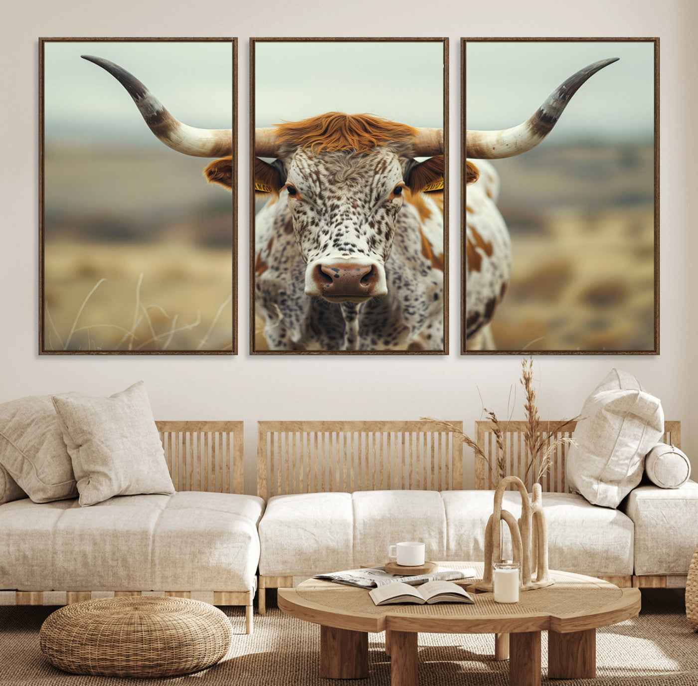 91312-MGV-FC-60X30-3P_Walnut-Texas Cow Longhorn Wall Art Canvas Print for Farm House Wall Decor, Farmhouse Wall Art Print