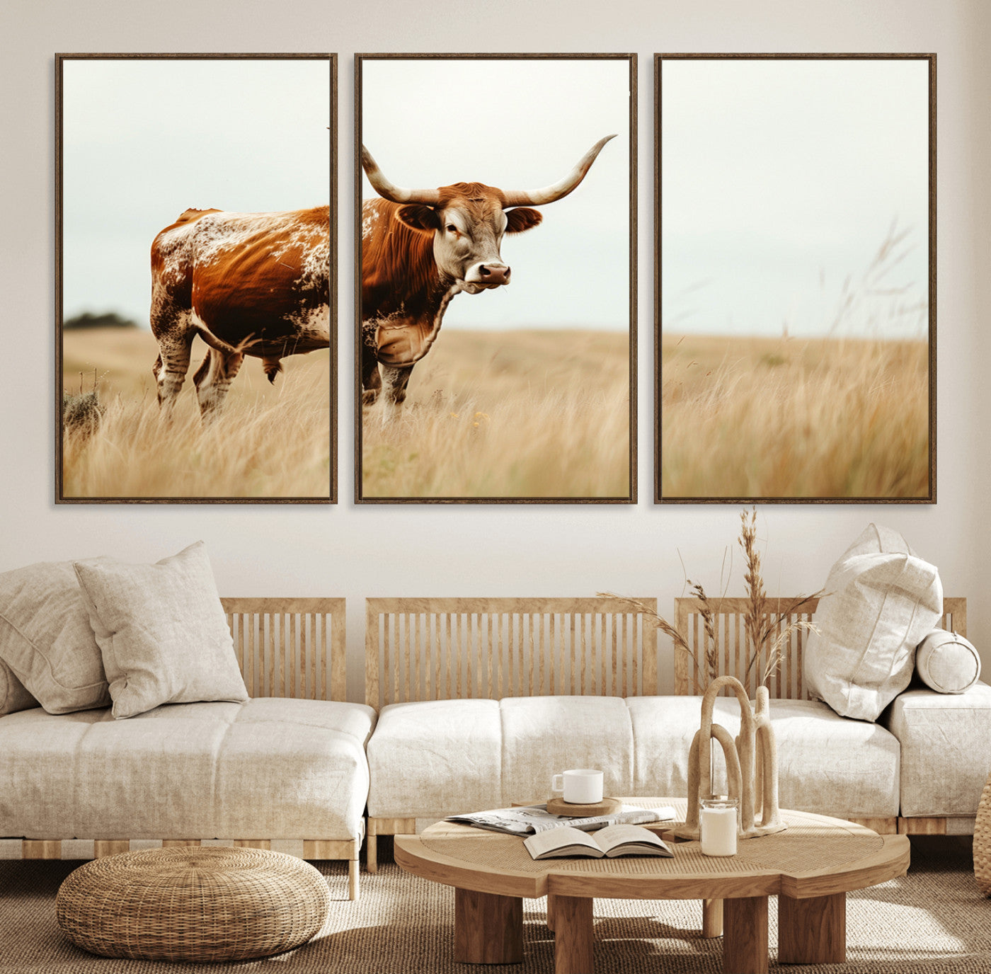 62910-MGV-FC-60X30-3P_Walnut-Texas Longhorn Canvas Wall Art Print – Majestic Western Cattle in Rustic Farmhouse Decor – Cow Wall
