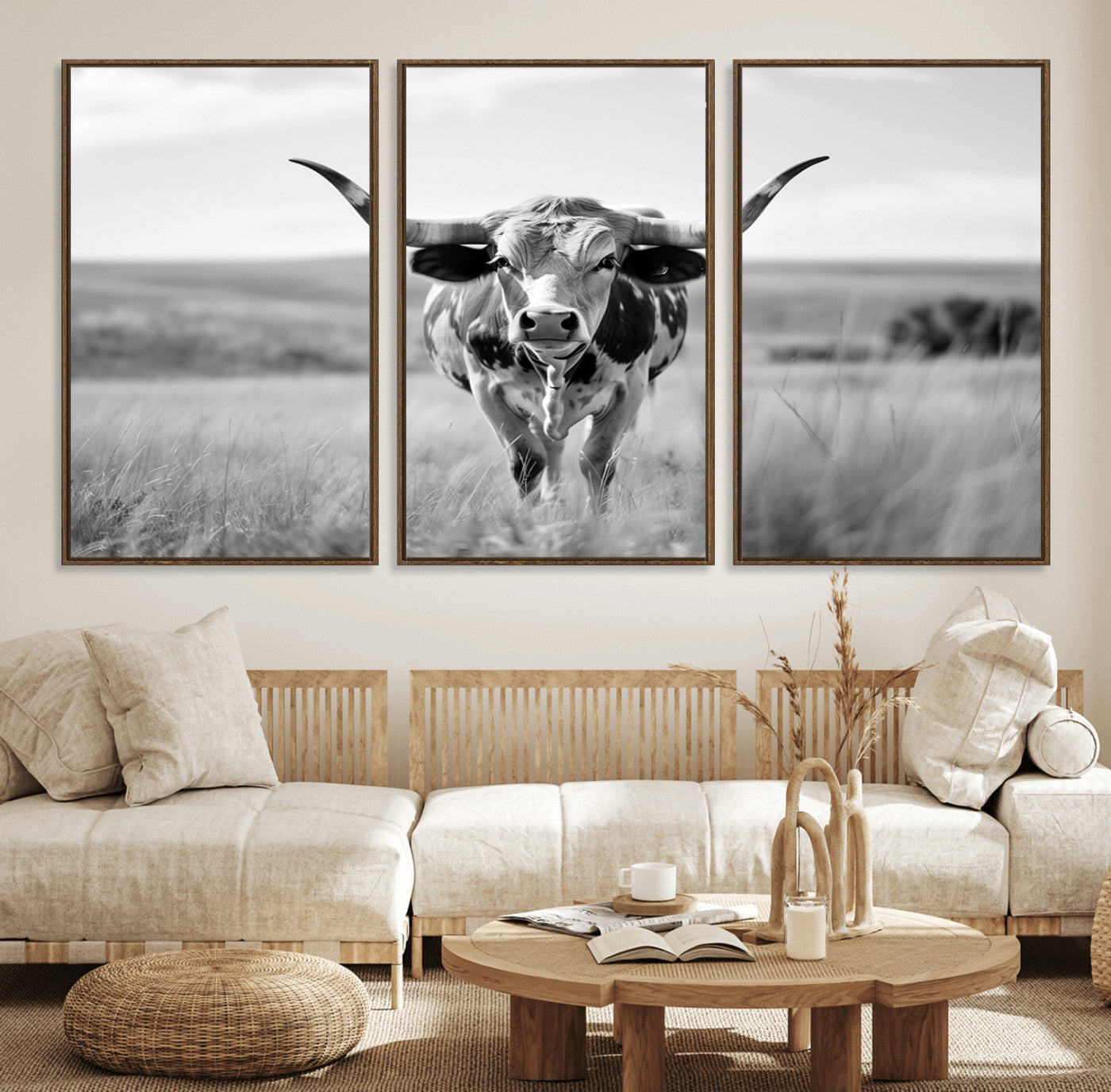 24487-MGV-FC-60X30-3P_Walnut-Texas Cow Longhorn Wall Art Canvas Print for Farm House Wall Decor, Farmhouse Wall Art Print