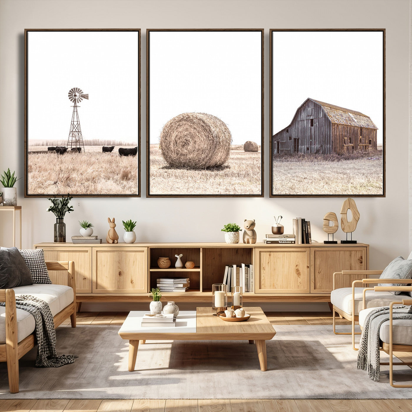 30918-MGV-CV-60X30-3P - Rustic Farmhouse Wall Art Set of 3 – Country Barn and Wheat Field | Farm Prints for Country Home and