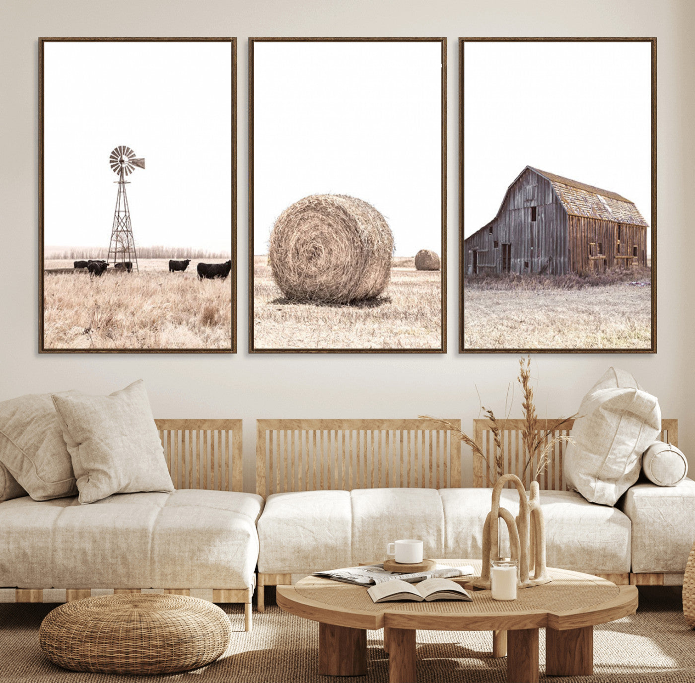 MGV-FC-60X30-3P - Rustic Farmhouse Wall Art Set of 3 – Country Barn and Wheat Field | Farm Prints for Country Home and