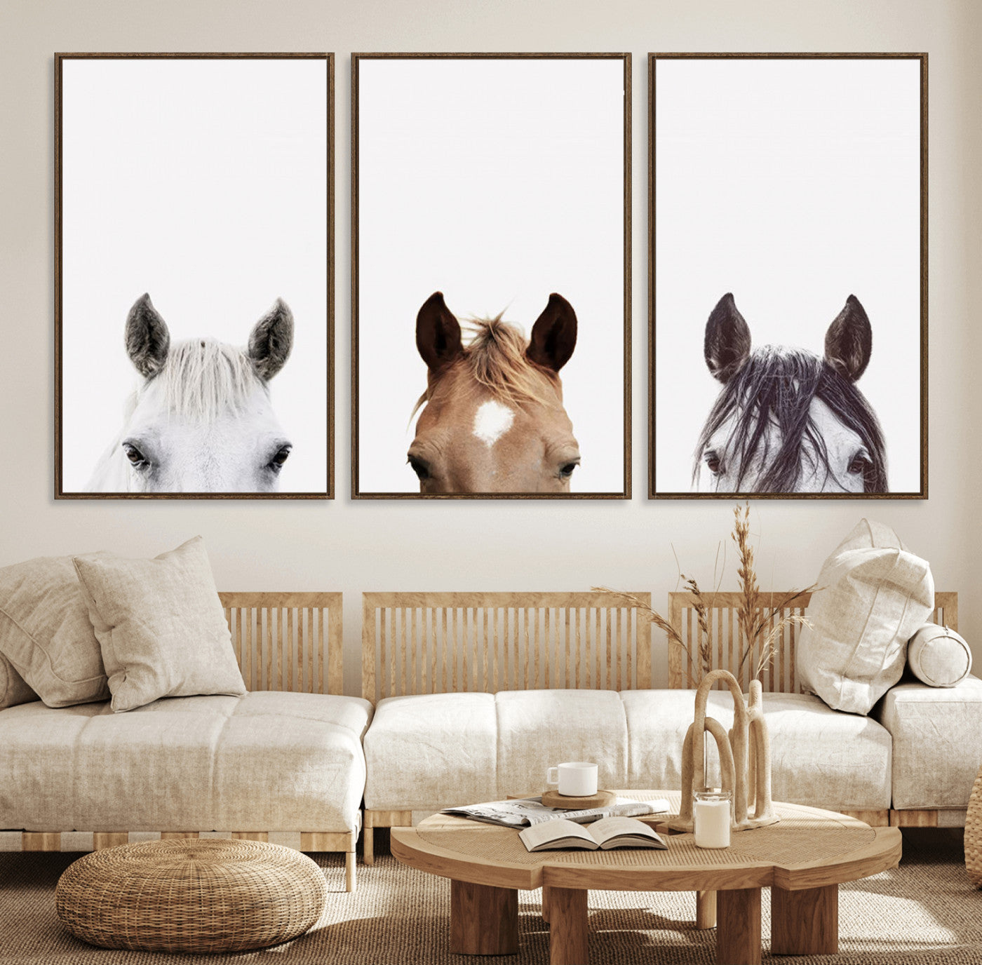 59160-MGV-FC-60X30-3P_Walnut-Horse Prints Set, Set of 3 Horse Wall Art, Horses Portraits, Farmhouse Wall Art, Farm Animals