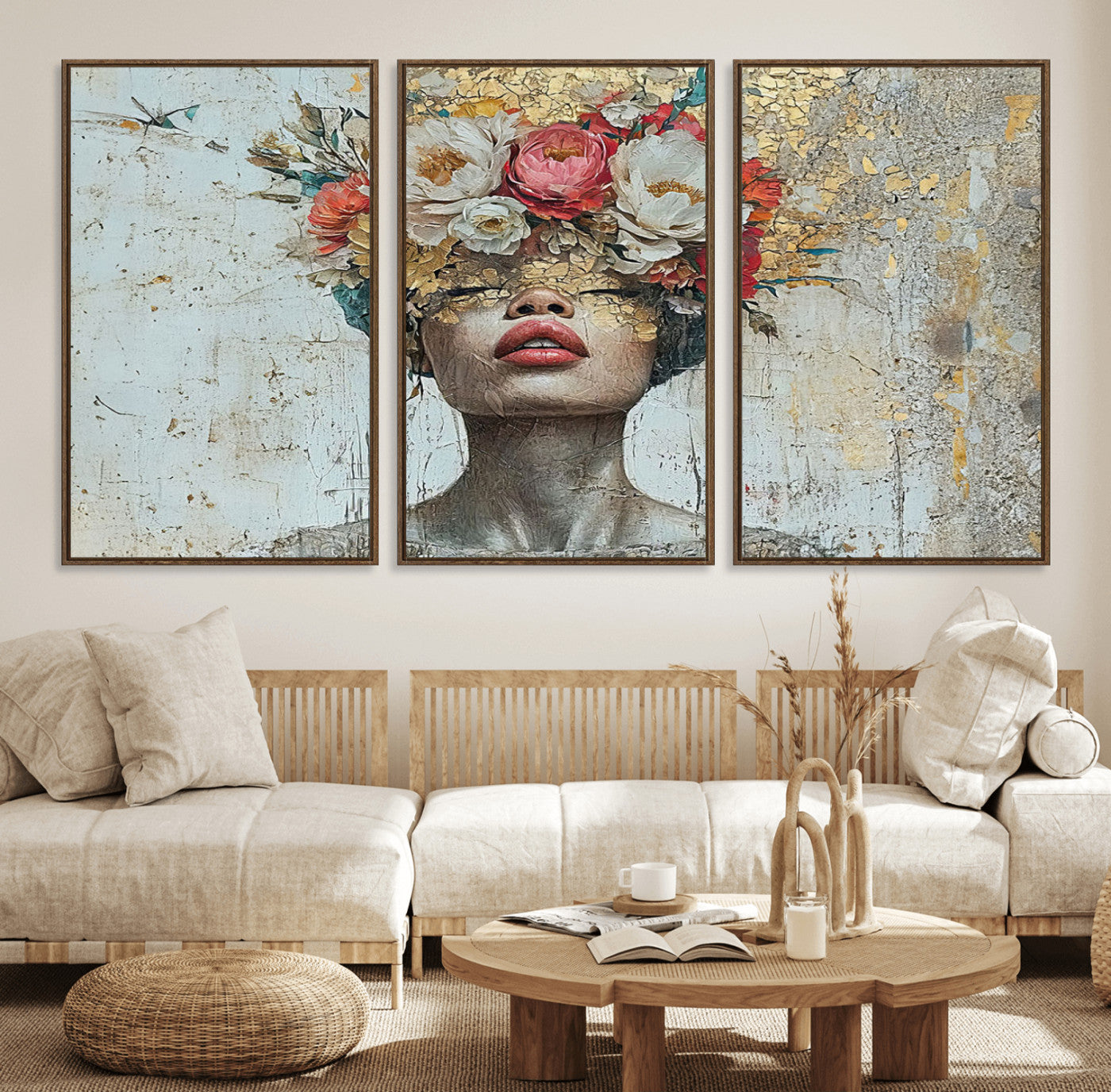 26919-MGV-FC-60X30-3P_Walnut-Golden Petal Wall Art Canvas Print - Silhouette Woman Wall Art Canvas Print, Floral Woman Portrait