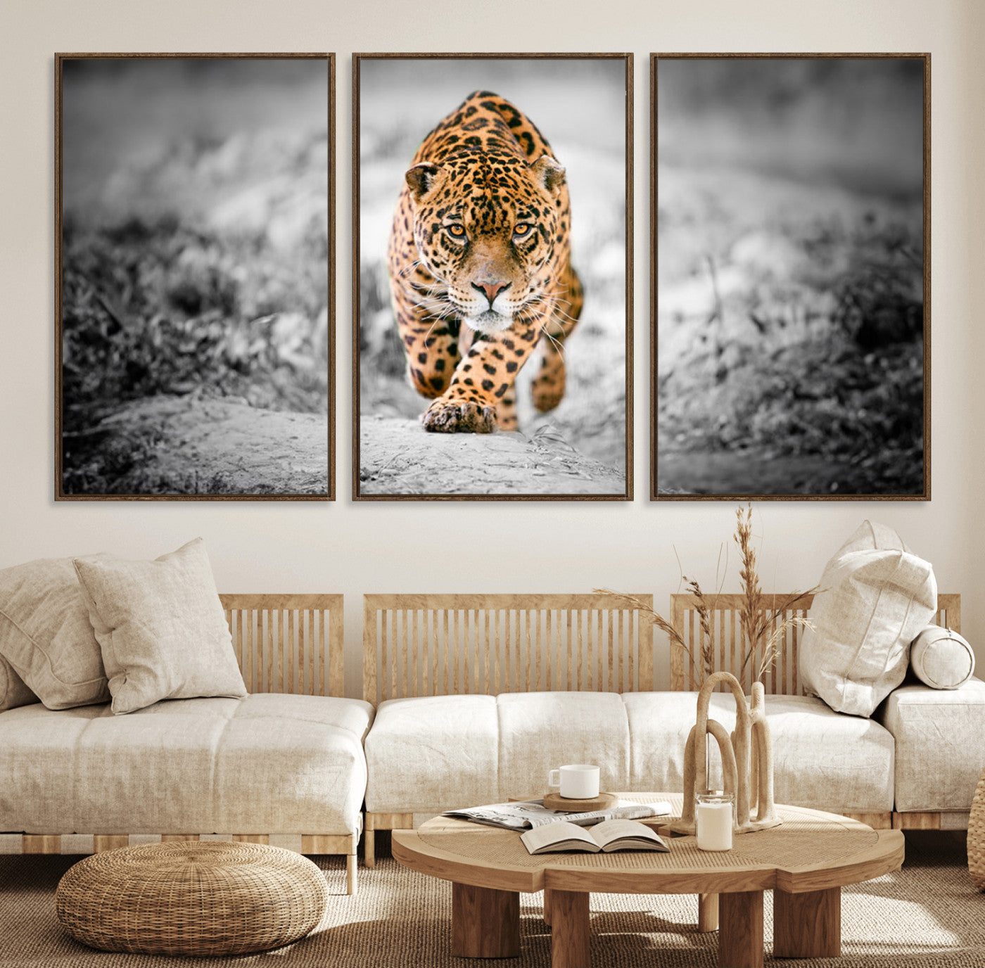 87577-MGV-FC-60X30-3P_Walnut-Jaguar Wall Art Canvas Print - Majestic Big Cat in Focused Pursuit - Ready to Hang