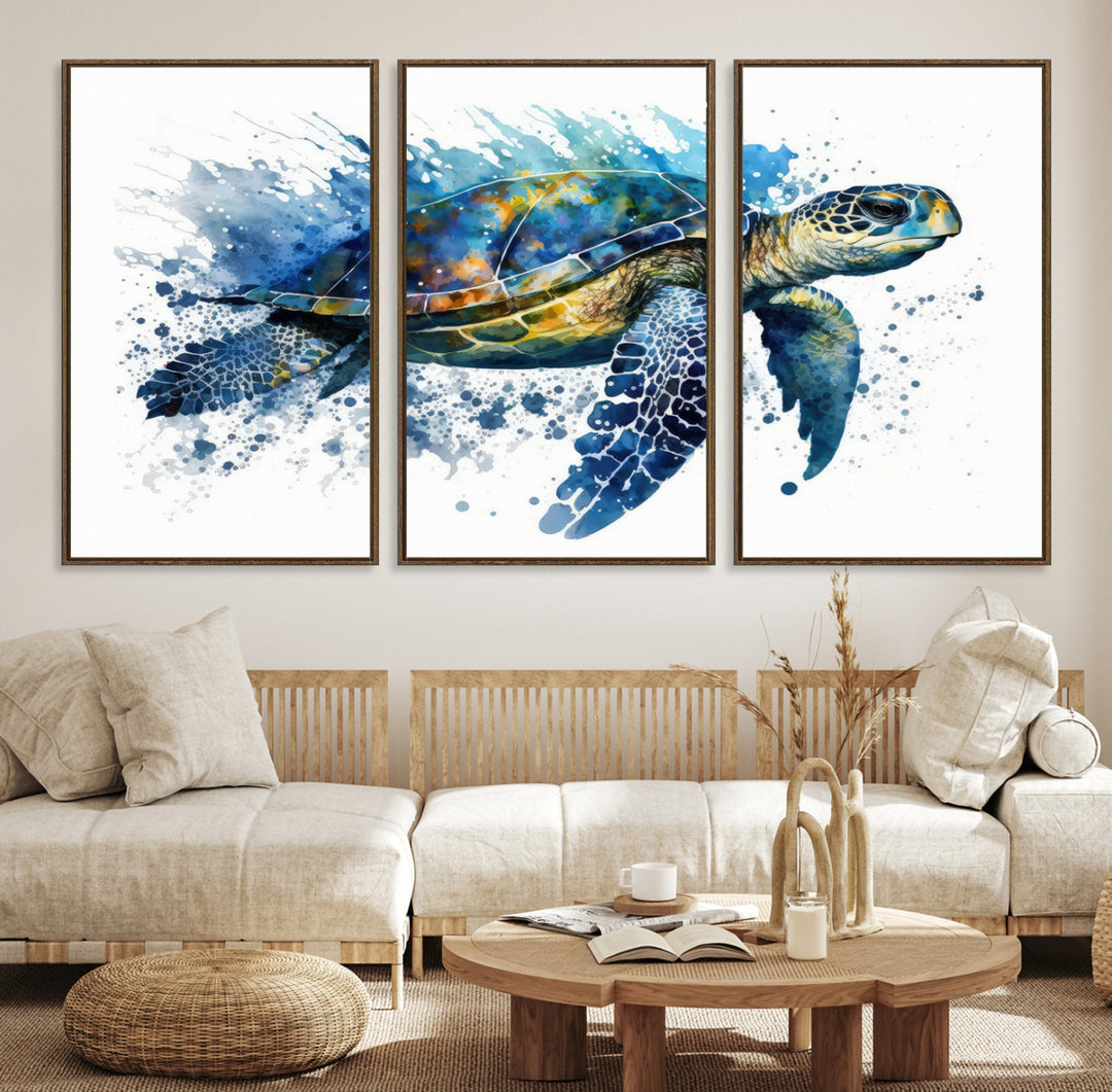 The Turtle Wall Art Print, featuring blue splashes, beautifully showcases Ocean Life.