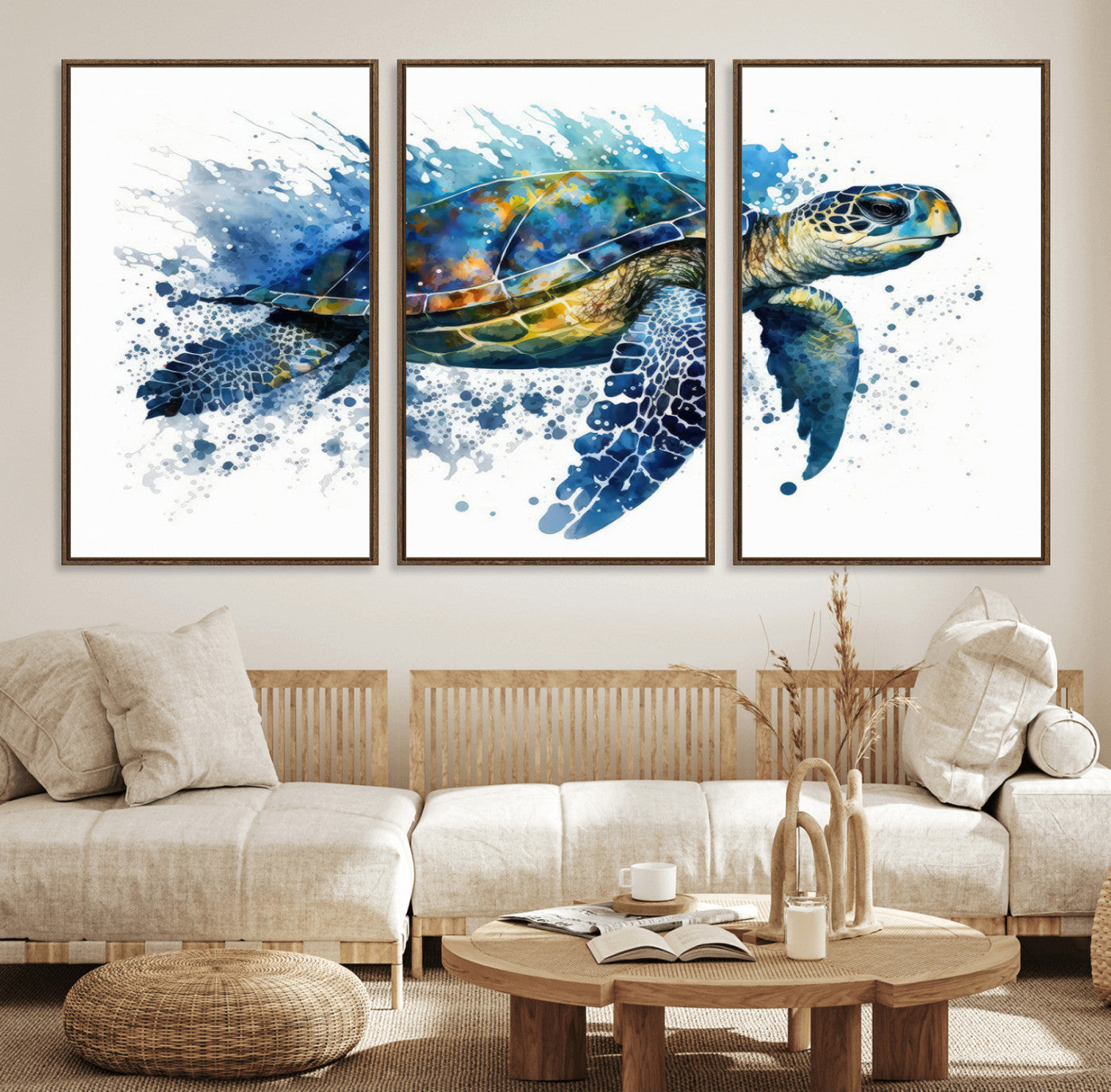 MGV-FC-60X30-3P - Turtle Wall Art Canvas Print, Framed Watercolor Turtle Art Picture Print, Ocean Life Perfect Nautical Decor Artwork