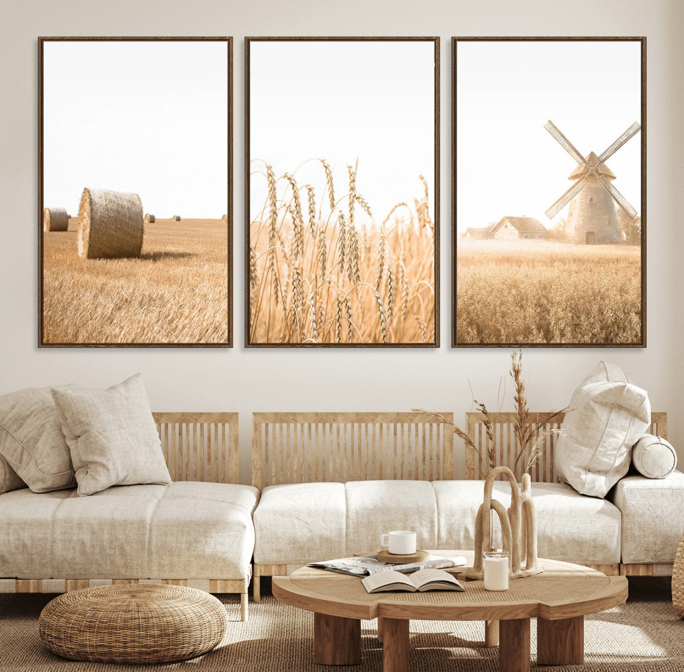 88780-MGV-FC-60X30-3P_Walnut-Vintage Farmhouse Triptych Wall Art – Giclée Canvas Featuring Wheat Fields, Hay Bales, and a