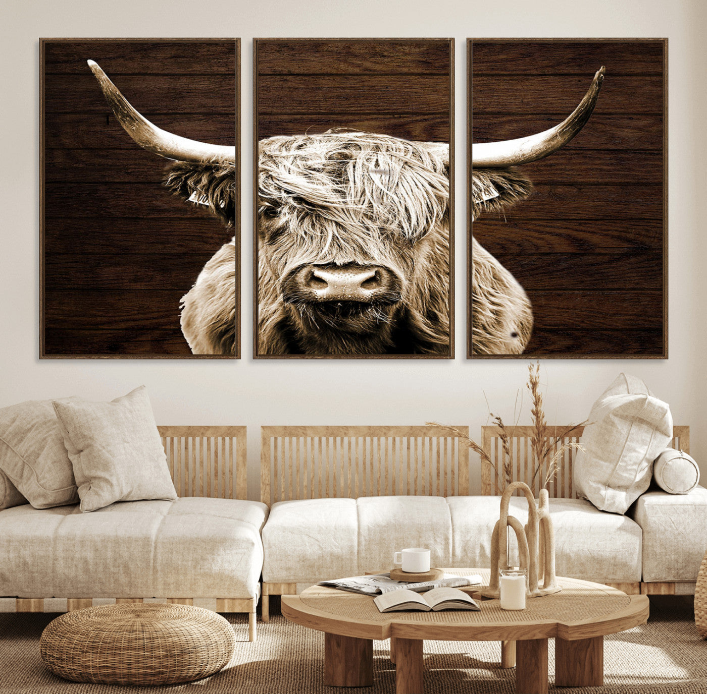 MGV-FC-60X30-3P - Highland Cow Wall Art Canvas Print, Rustic Farmhouse Decor, Majestic Scottish Highland Bull Portrait