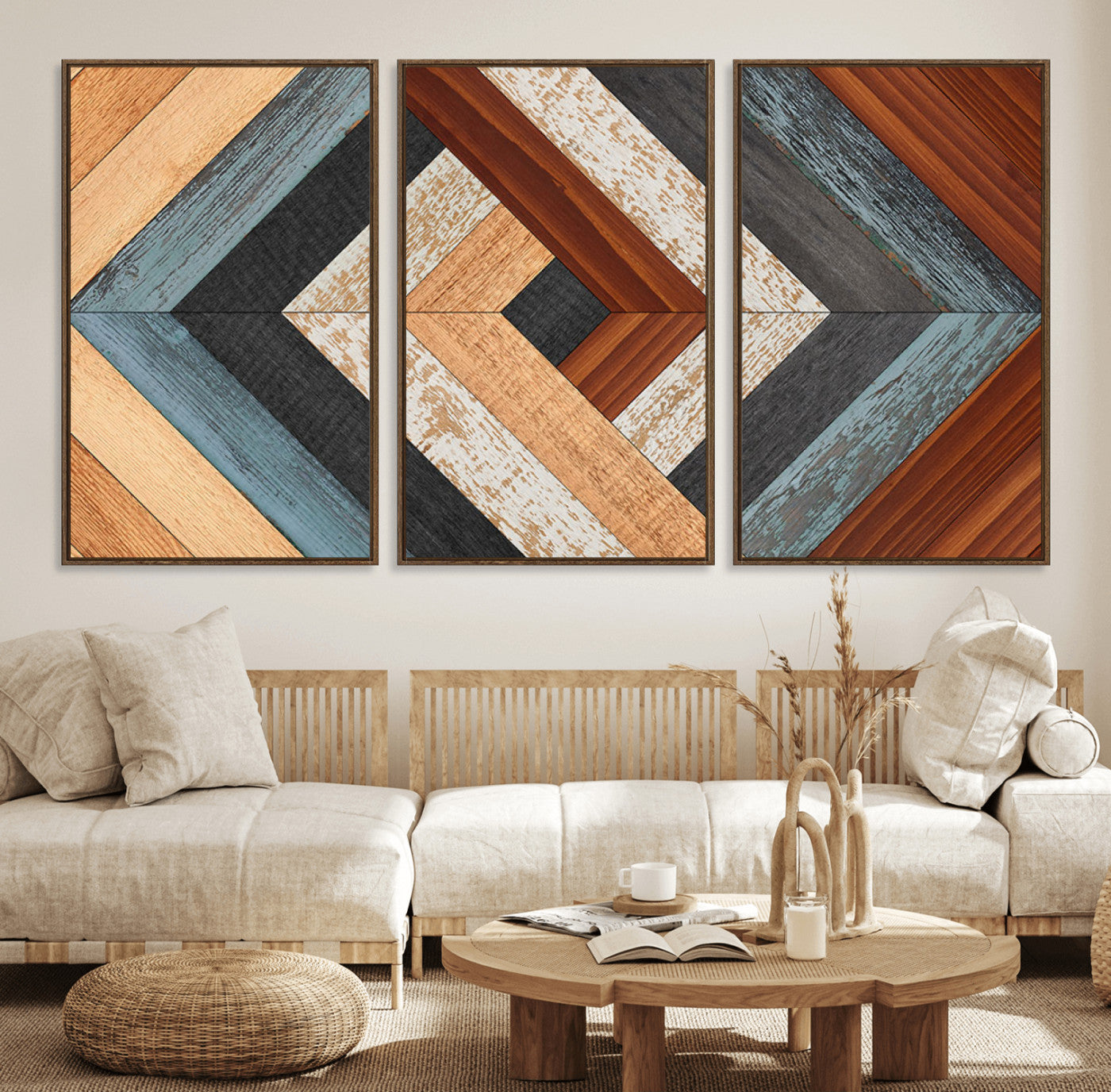 20897-MGV-FC-60X30-3P_Walnut-Geometric Wood Art Wall Decor Canvas Print, Rustic Wooden Pattern Triptych Wall Art for Living Room