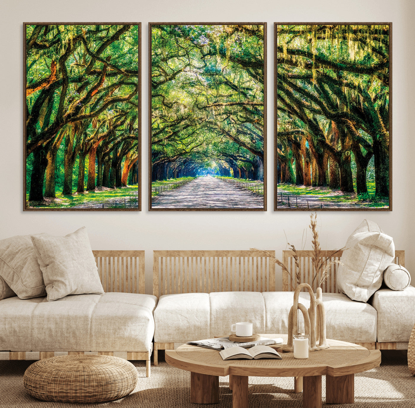 MGV-FC-60X30-3P - Serene Tree Tunnel Wall Art Canvas Print – Pathway Under Canopy of Lush Green Trees, Nature-Inspired