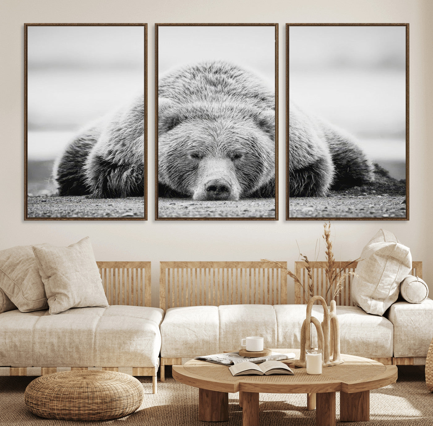 MGV-FC-60X30-3P - Resting Grizzly Bear Wall Art Canvas Print – Majestic Lazy Black and White Wildlife Bear Art,