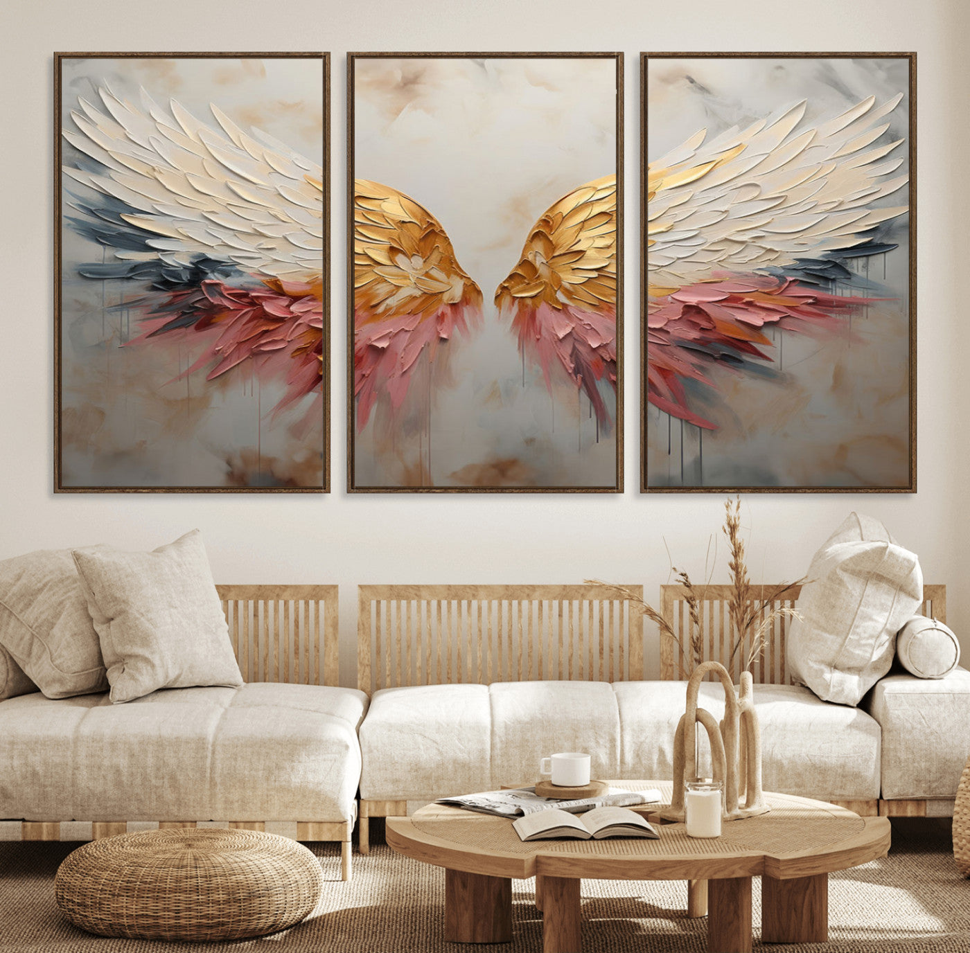 MGV-FC-60X30-3P - Golden Angel Wings Wall Art Canvas Print – Stunning Abstract Winged Art for Elegant Home Decor –