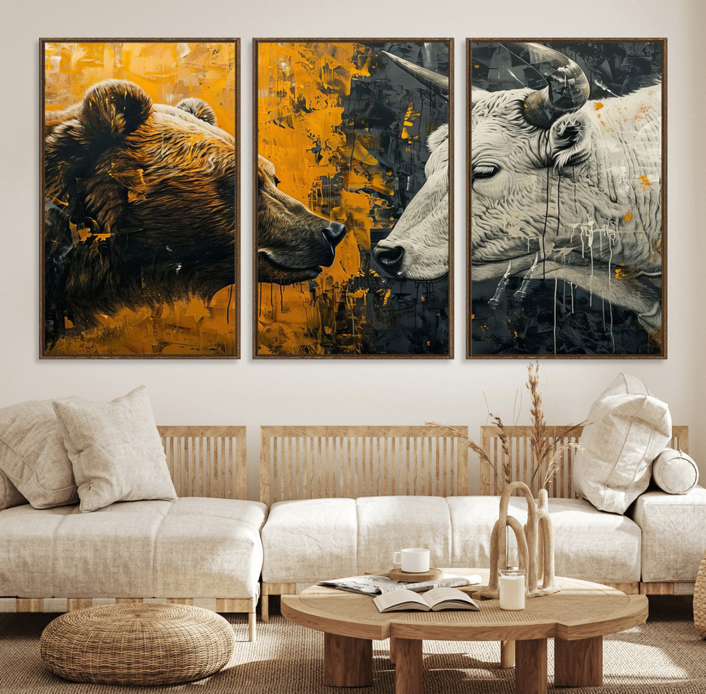 71185-MGV-FC-60X30-3P_Walnut-Bear and Bull Wall Art Canvas Print – Abstract Animal Portrait Painting for Modern Home Decor –