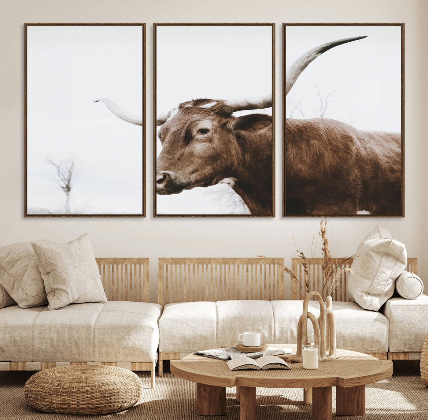 44548-MGV-FC-60X30-3P_Walnut-Rustic Bull Wall Art Canvas Print – Modern Longhorn Farmhouse Animal Decor – Abstract Farm Cow
