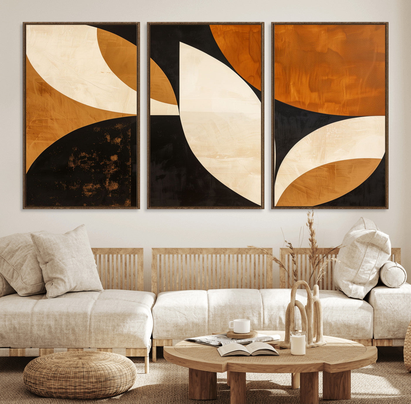 21251-MGV-FC-60X30-3P_Walnut-Geometric Abstract Wall Art Canvas Print, Mid Century Modern Wall Art Print