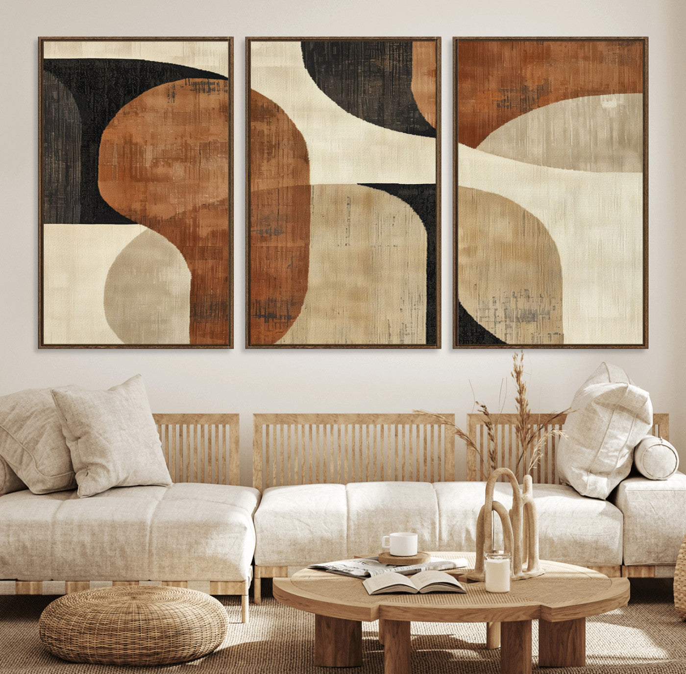 71072-MGV-FC-60X30-3P_Walnut-Wabi Sabi Abstract Wall Art Canvas Print | Large Minimalist Modern Geometric Wall Decor for Living