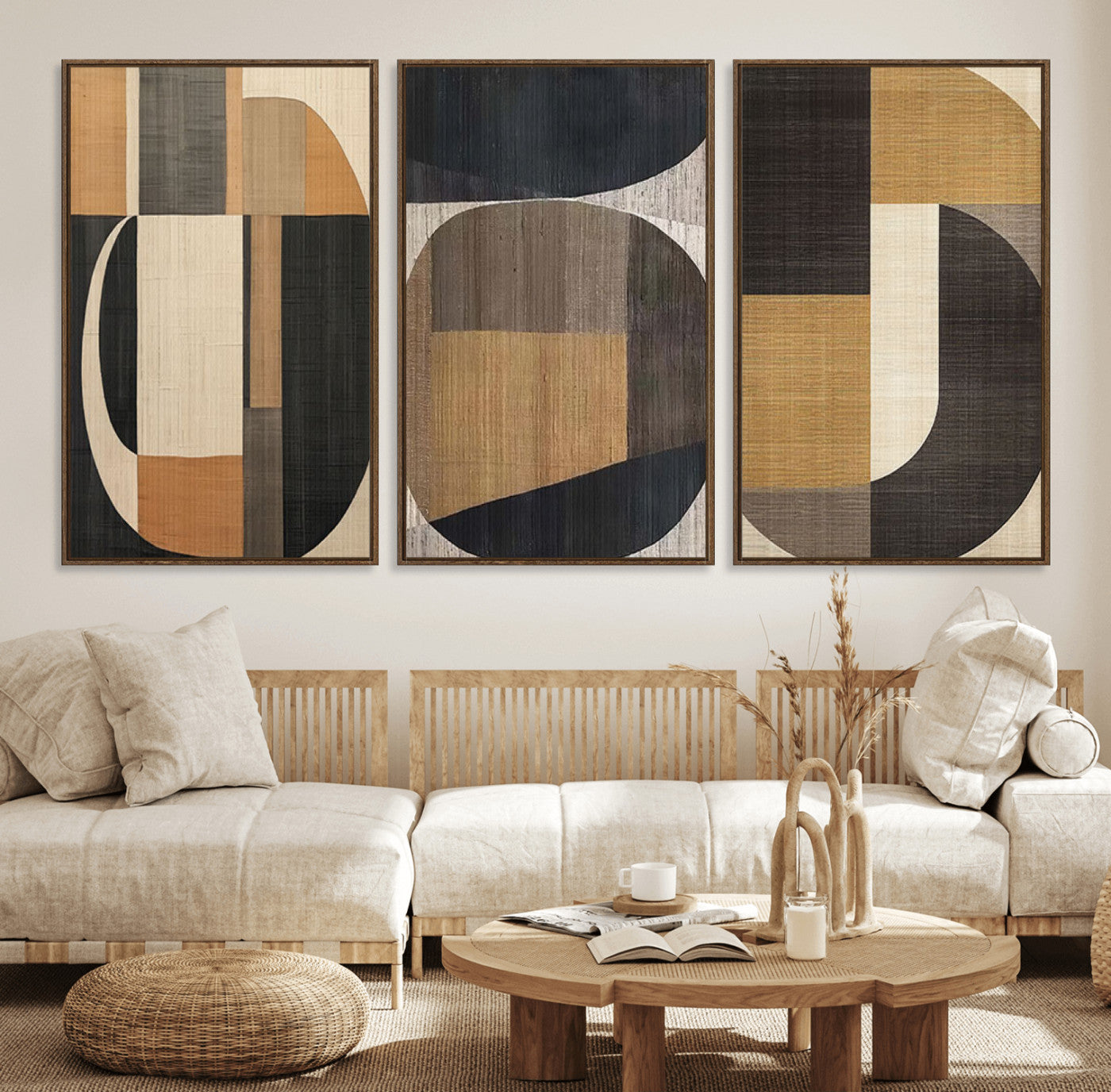 MGV-FC-60X30-3P - Modern Brown Wabi Sabi Abstract Wall Art Canvas Print Set, Minimalist Wall Art