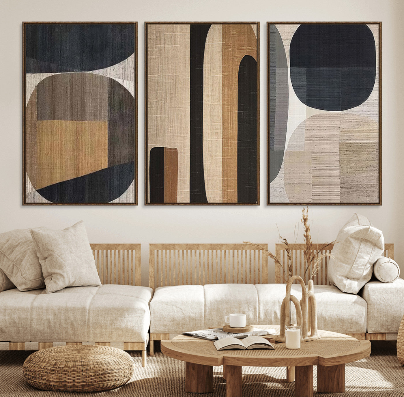 MGV-FC-60X30-3P - Abstract Minimalist Canvas Wall Art - Neutral Geometric Modern Boho Decor, Minimalist Brown Wabi