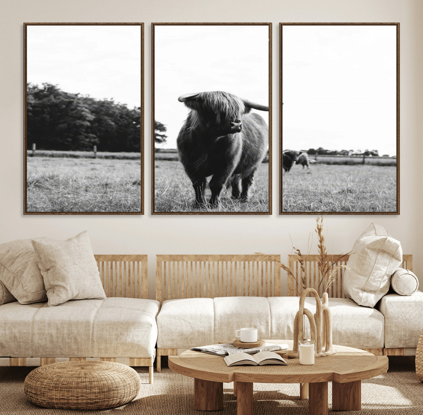 94074-MGV-FC-60X30-3P_Walnut-Black and White Highland Cow Wall Art Canvas Print | Rustic Western Decor for Living Room or Office,