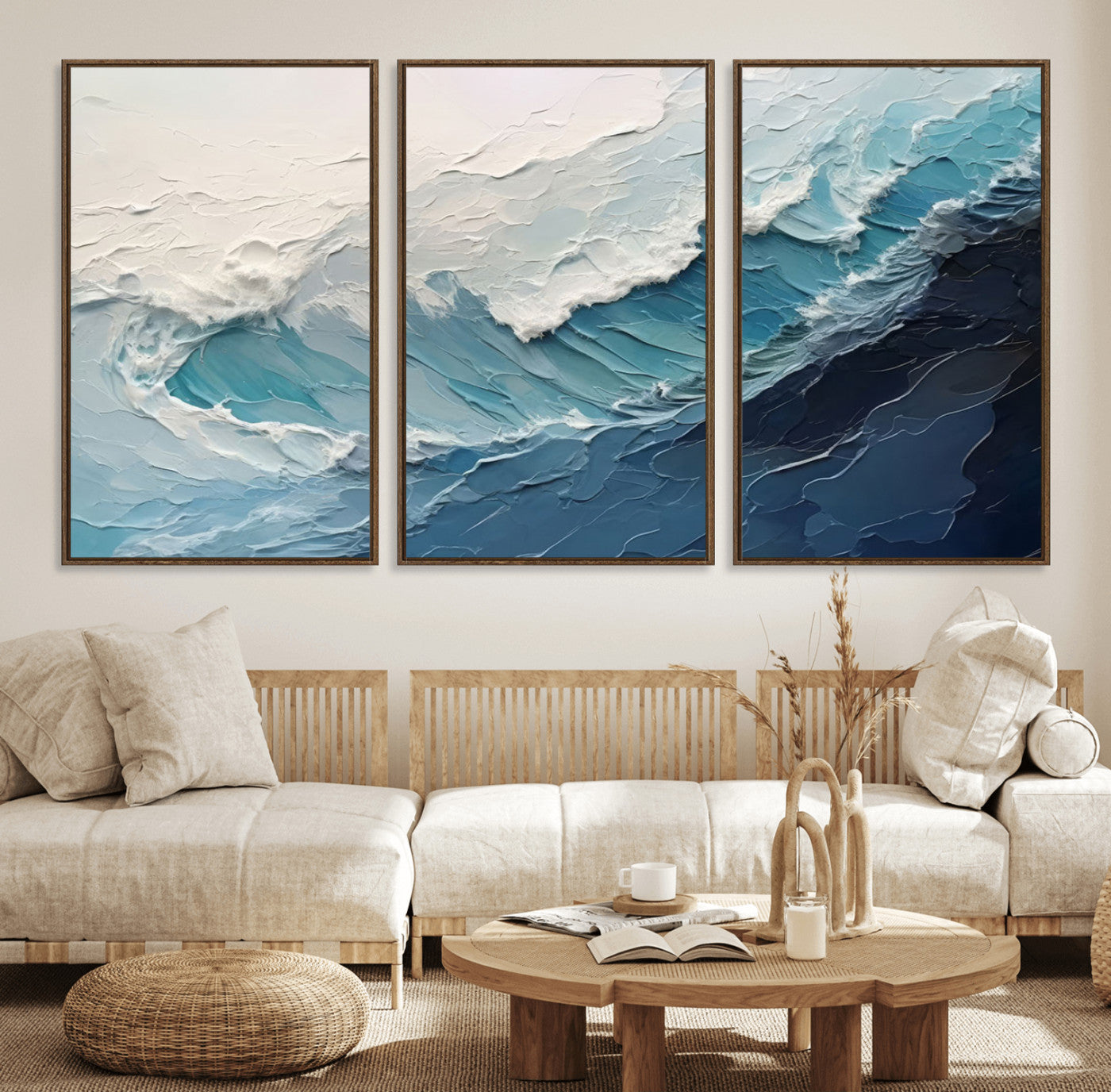23887-MGV-FC-60X30-3P_Walnut-Ocean Wave Canvas Wall Art Print – Coastal Living Room Large Ocean Wave Seascape Wall Art for Home, Office, Living Room