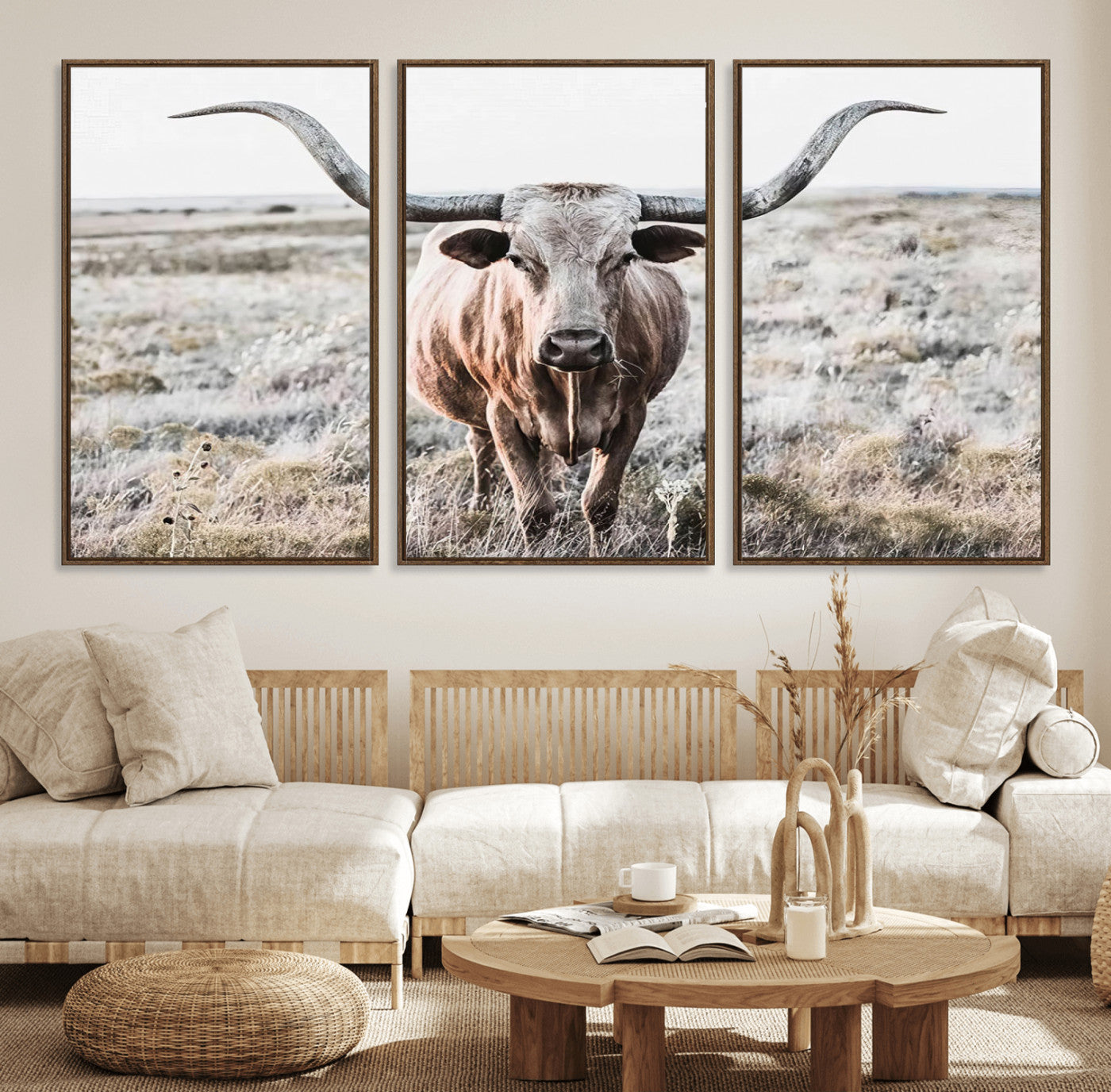26121-MGV-FC-60X30-3P_Walnut-Rustic Texas Longhorn Wall Art Canvas Print | Western Farmhouse Decor for Living Room or Office,
