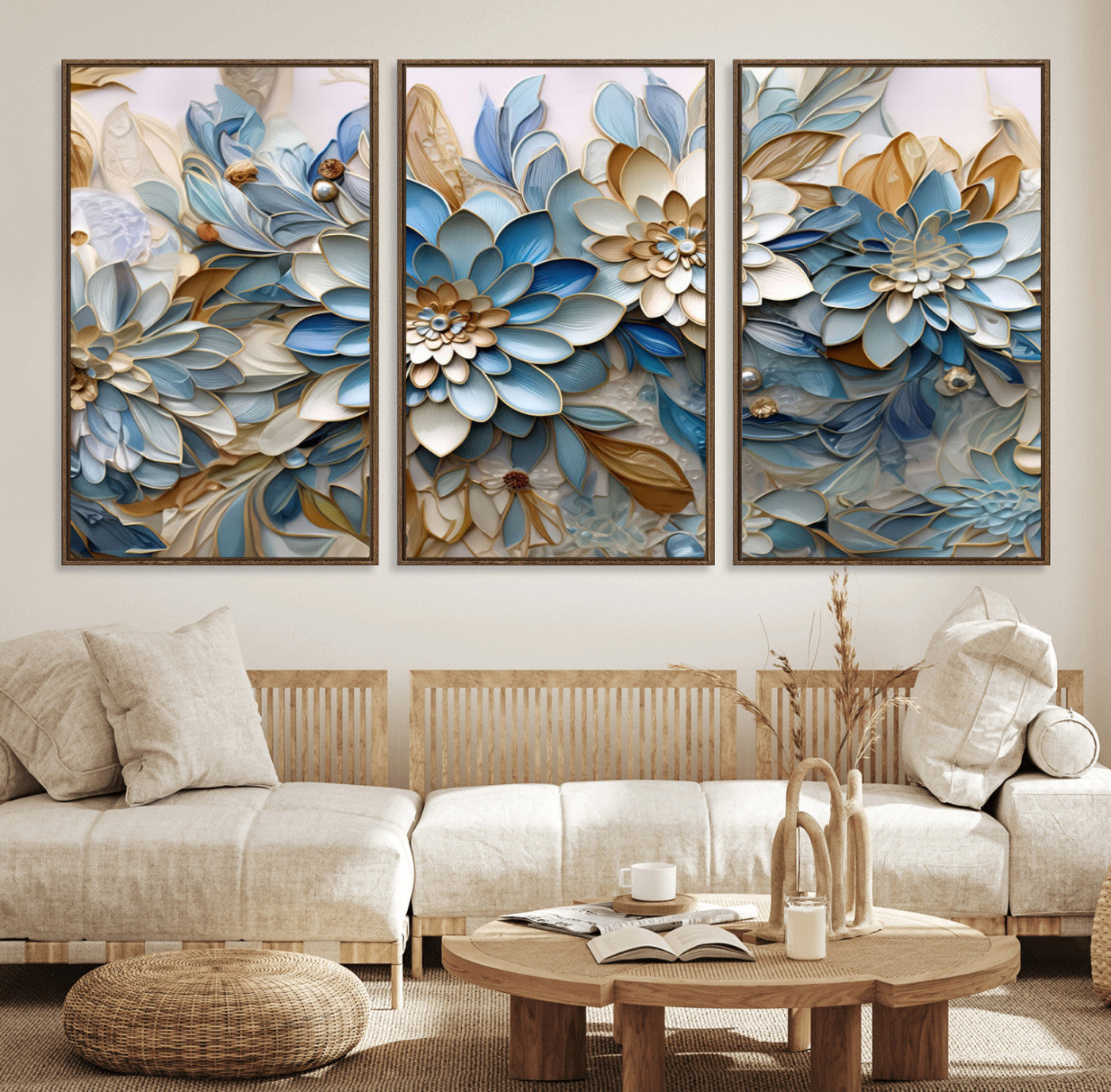 10625-MGV-FC-60X30-3P_Walnut-Blu Abstract Flower Wall Art Canvas Print