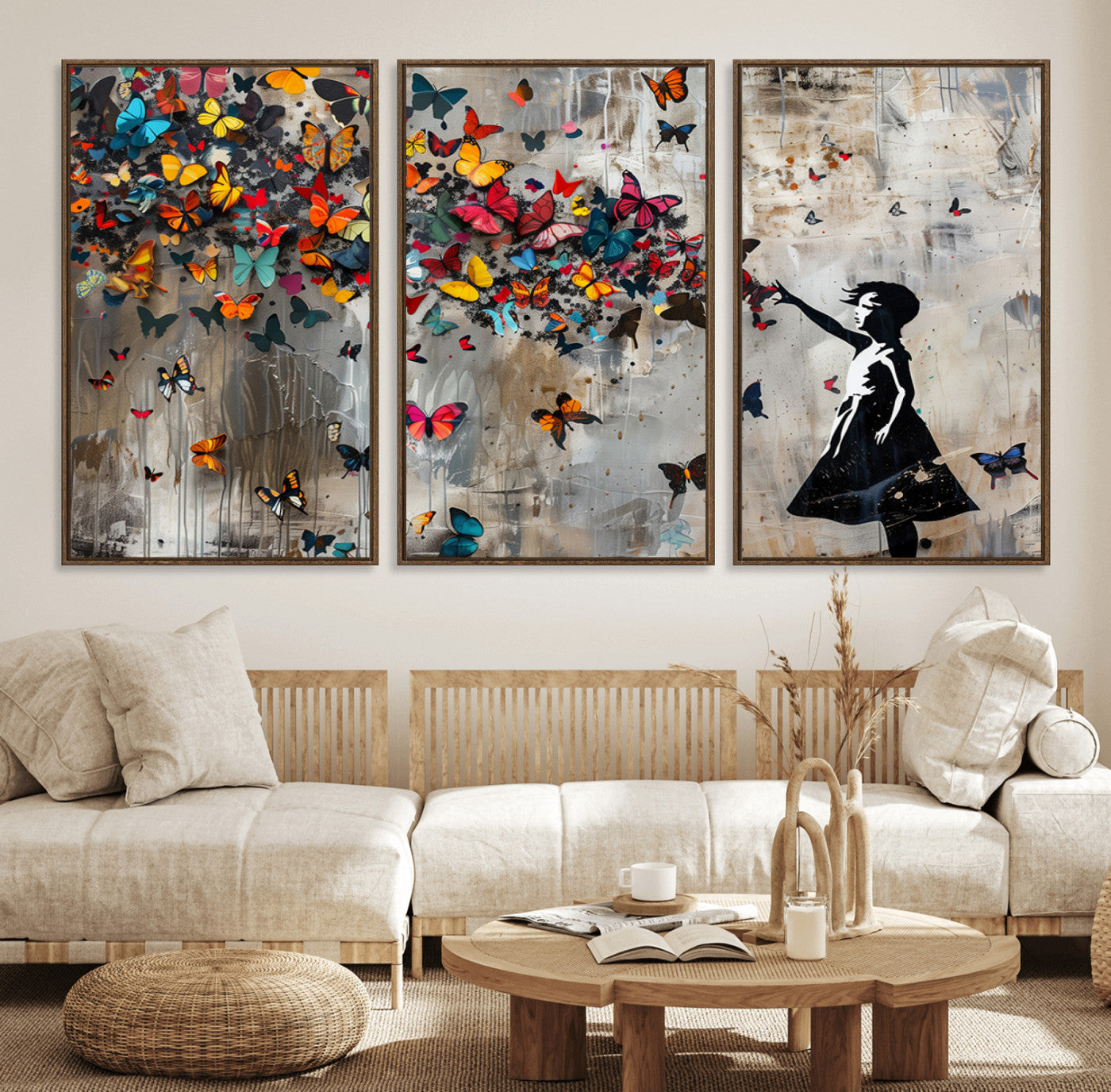 40269-MGV-FC-60X30-3P_Walnut-Banksy Wall Art - Banksy Girl and Butterfly Explosion Wall Art Canvas Print | Girl with Butterflies