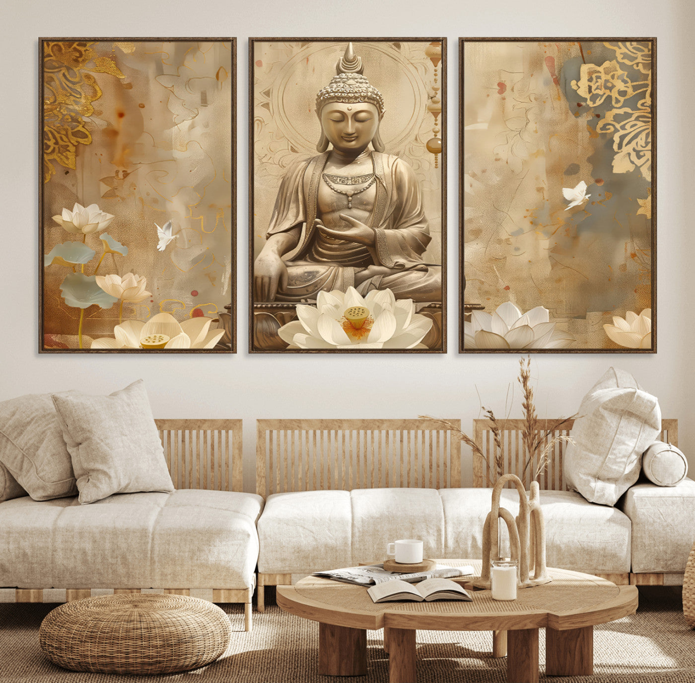 50098-MGV-FC-60X30-3P_Walnut-Buddha Wall Art Canvas Print, Buddha Meditation Room Decor, Yoga Room Wall Decor