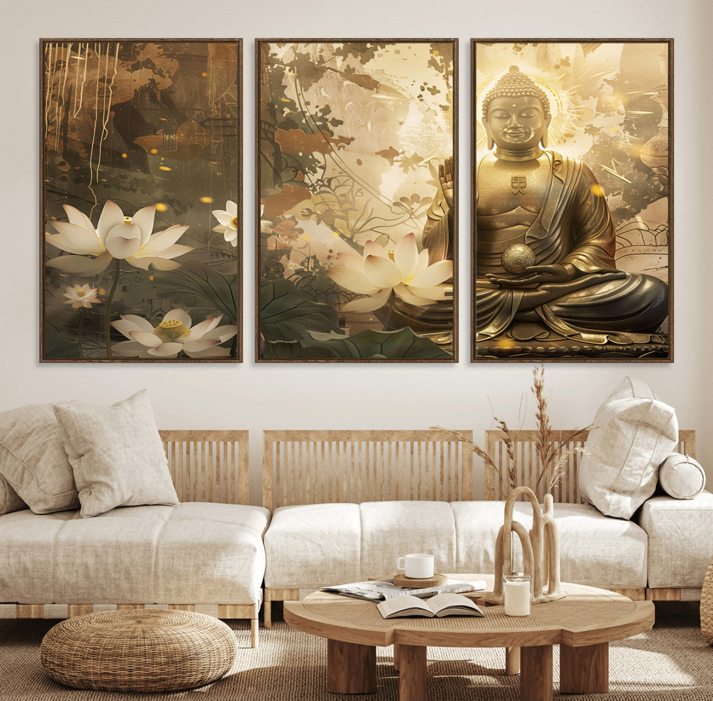 58897-MGV-FC-60X30-3P_Walnut-Zen Buddha Wall Art Canvas Print | Peaceful Meditation Decor with Lotus Flowers | Spiritual Serenity