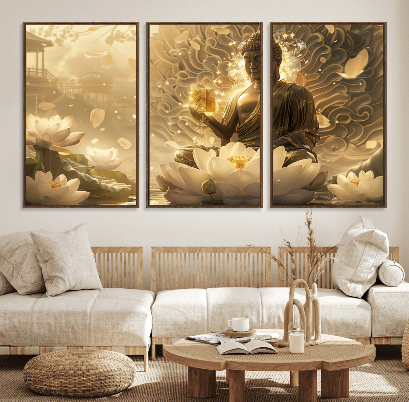 31364-MGV-FC-60X30-3P_Walnut-Golden Buddha Wall Art | Yoga Room Decor and Meditation Room Wall Art | Framed and Ready to Hang