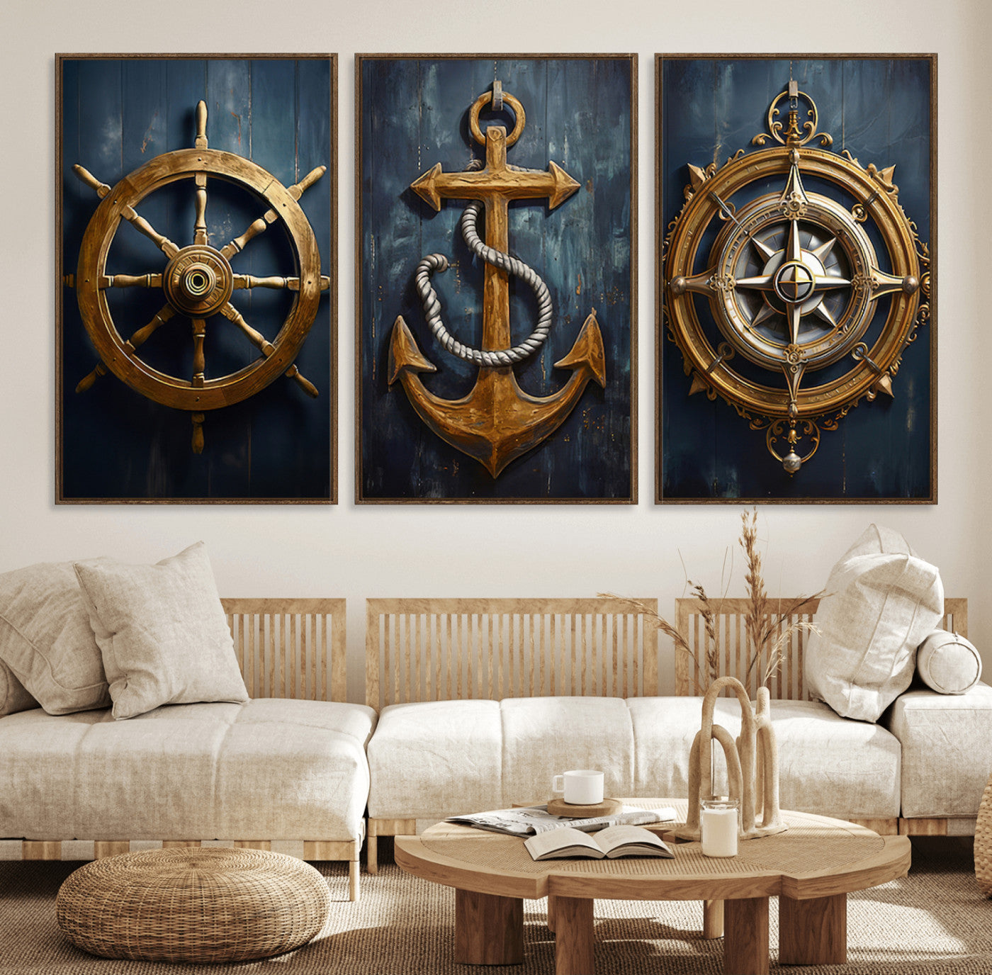 56214-MGV-FC-60X30-3P - Boat Anchor Compass With Rope Wall Art Canvas Print | Beach House Wall Art