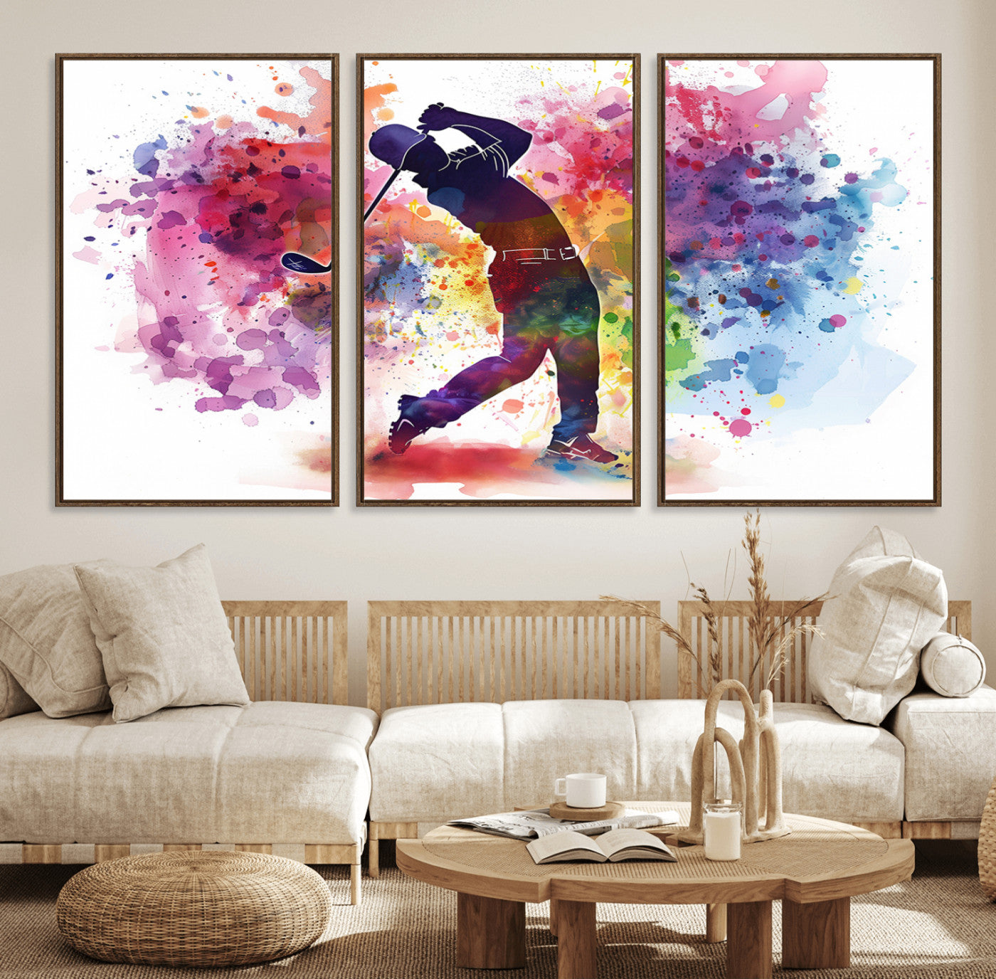66537-MGV-FC-60X30-3P_Walnut-Colorful Golfer Swing Wall Art Canvas Print - Ready to Hang, Framed Sports Decor