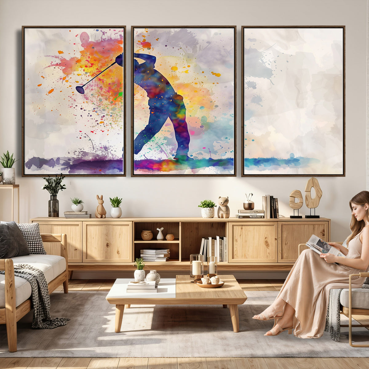 89625-MGV-CV-36X24 - Vibrant Watercolor Golf Swing Wall Art Canvas Print | Extra Large 3 Piece Canvas Wall Art