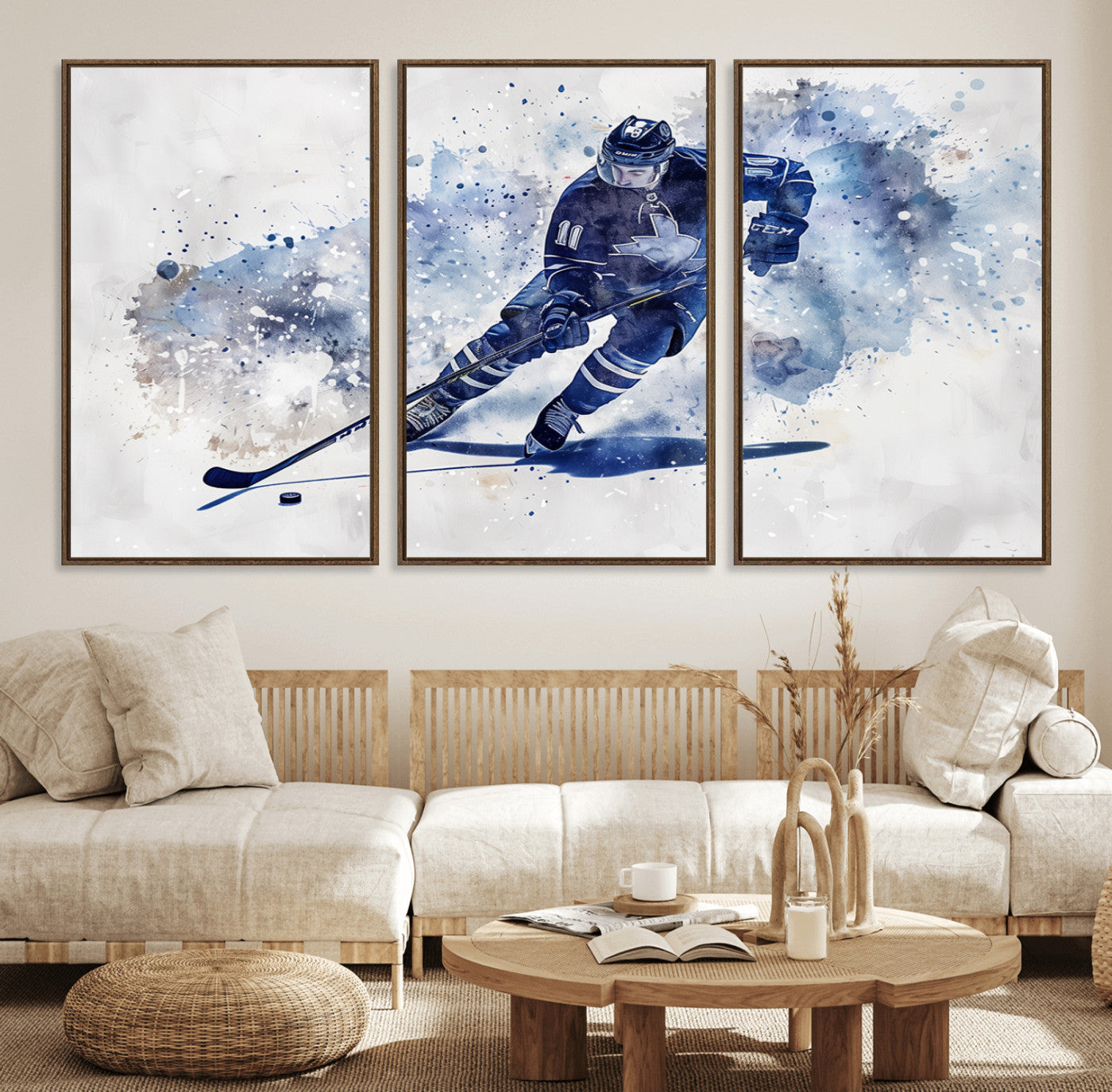 39795-MGV-FC-60X30-3P_Walnut-Hockey Player Wall Art Canvas Print - Sports-Inspired Watercolor Decor - Ready to Hang