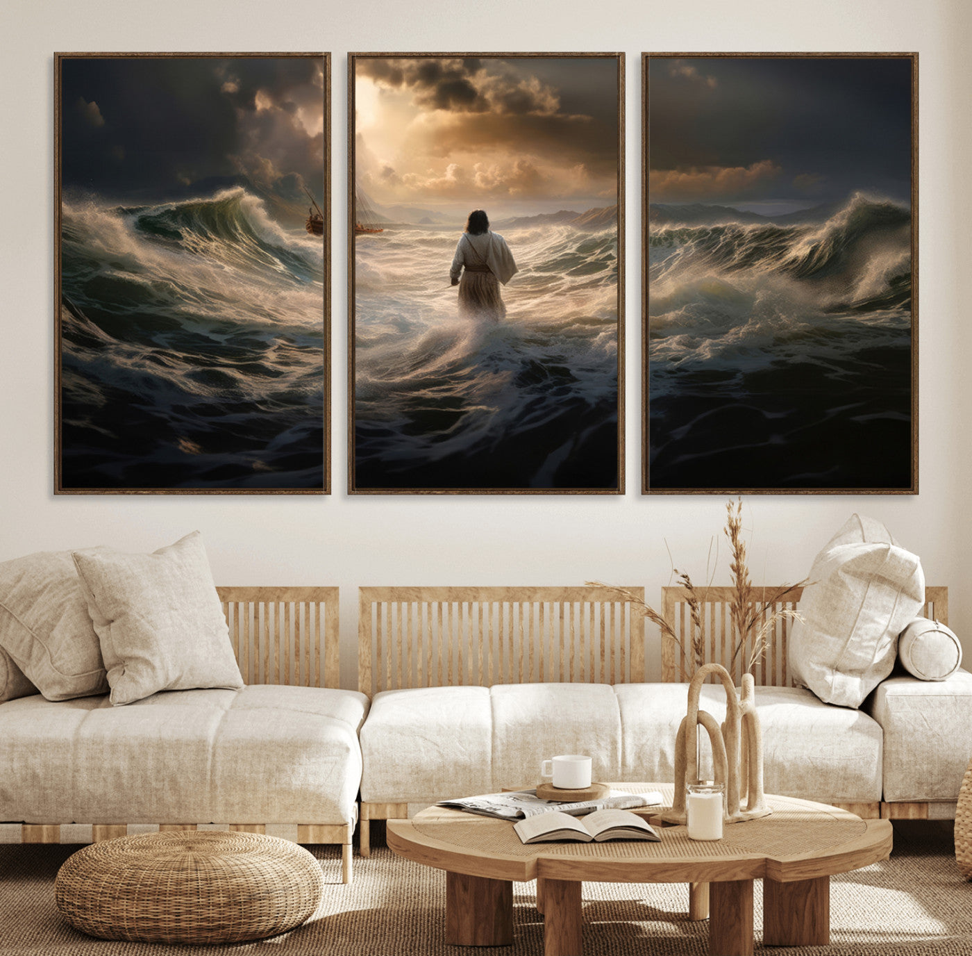 17427-MGV-FC-60X30-3P_Walnut-Jesus Walking on Water Wall Art Canvas Print - Religious Spiritual Decor - Jesus Wall Art Canvas