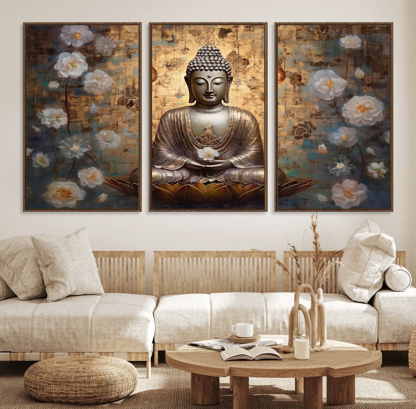 MGV-FC-60X30-3P - Golden Buddha Wall Art Canvas Print | Zen Meditation Floral Decor | Tranquil Spiritual Home Art |