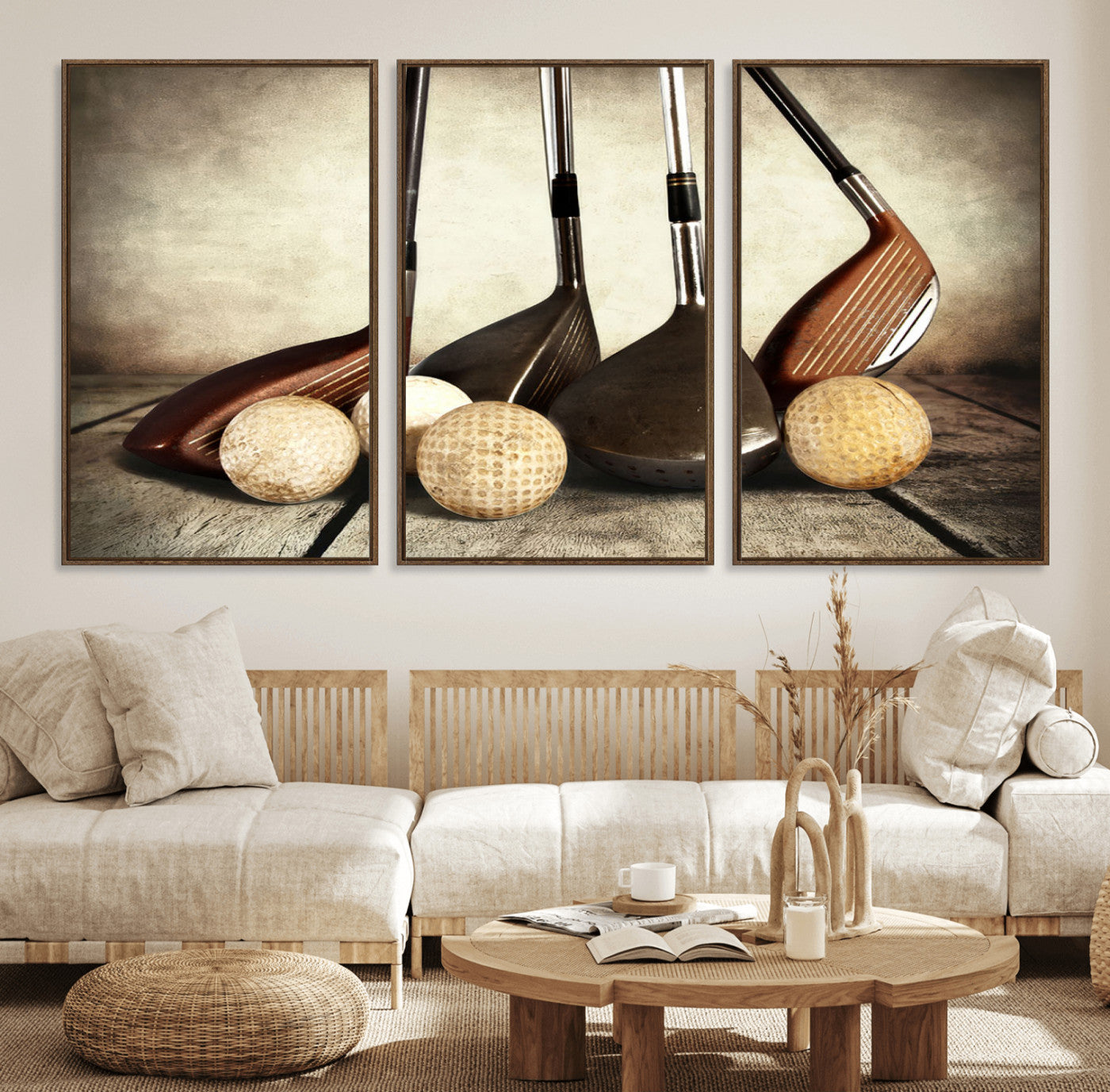 33845-MGV-FC-60X30-3P_Walnut-Vintage Golf Ball Art | Golf Decor for Man Cave or Office | Ready to Hang and Framed