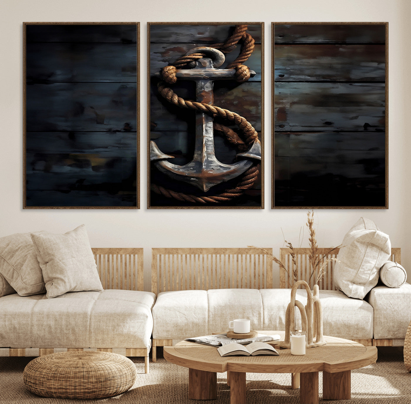 20984-MGV-FC-60X30-3P_Walnut-3 Panel Grunge Abstract Anchor Wall Art Canvas Print Set